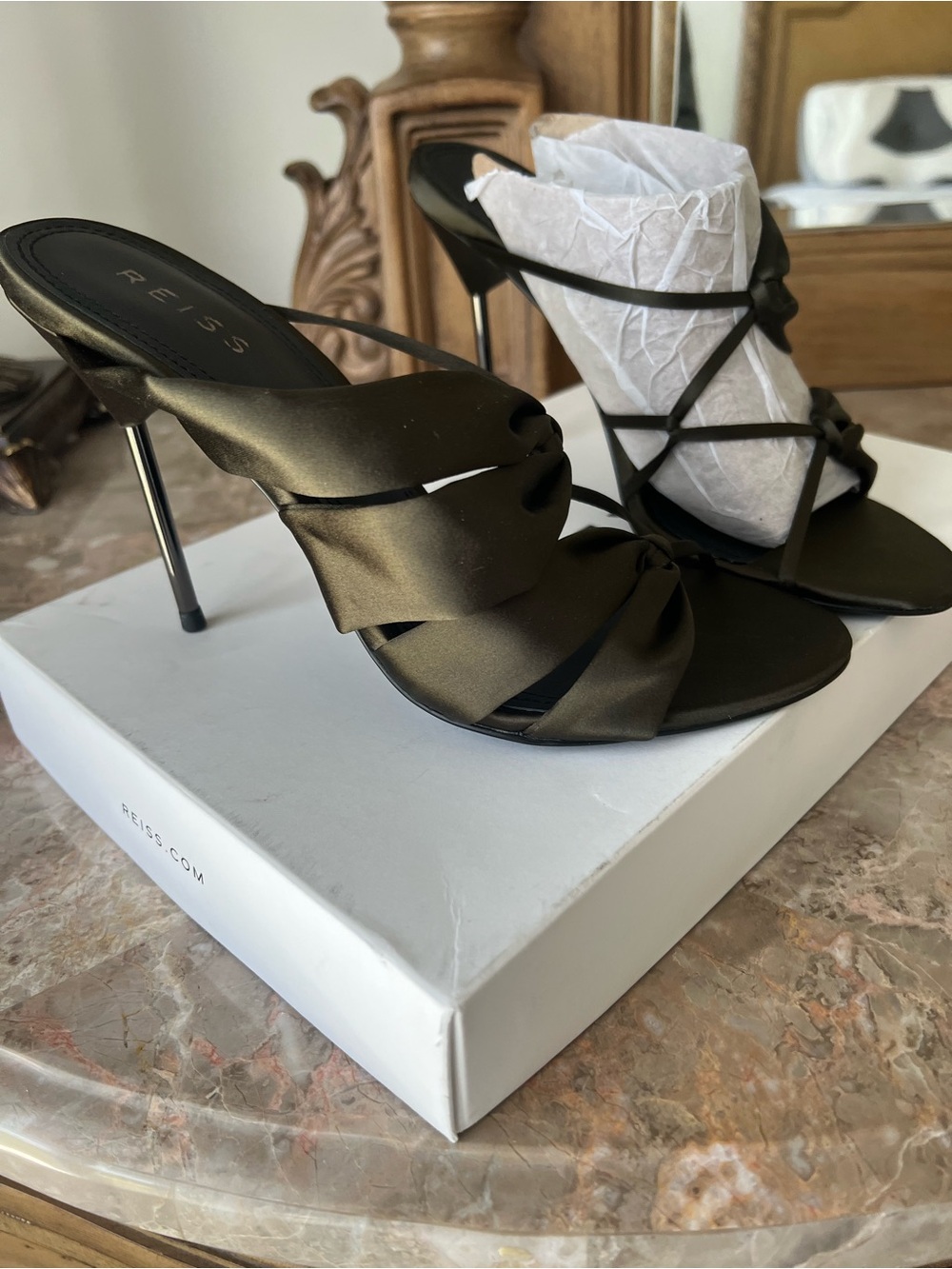 Reiss Olive Satin Bow-Strap Heeled Slides - Picture 2 of 10